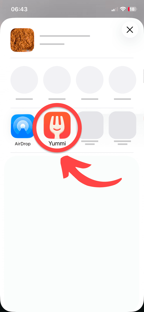 Yummi sélectionné dans la feuille de partage de l’iPhone